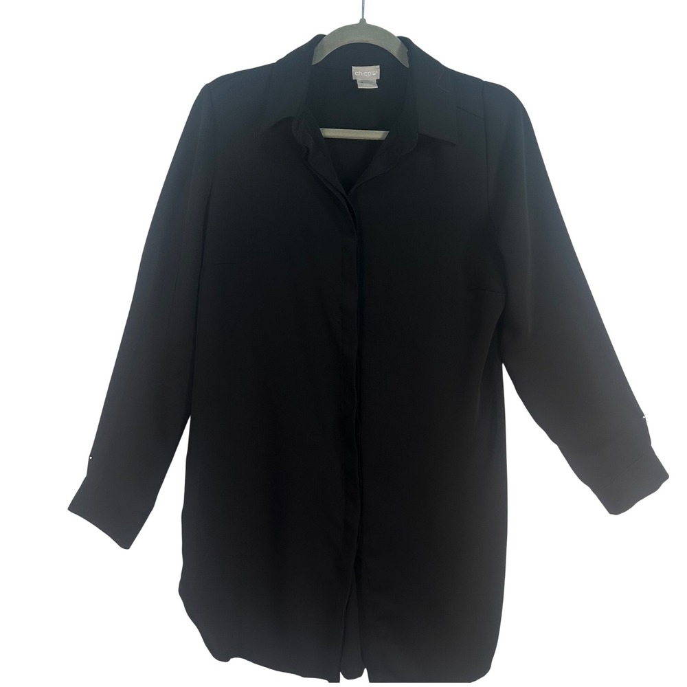 Chico's Button Down Shirt Womens 4 or small Black Pleated Back Oversized